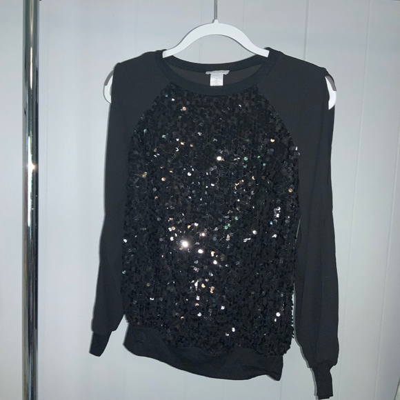 Cache black sequin top Sz L split sleeve cuff Y2K - Picture 1 of 6
